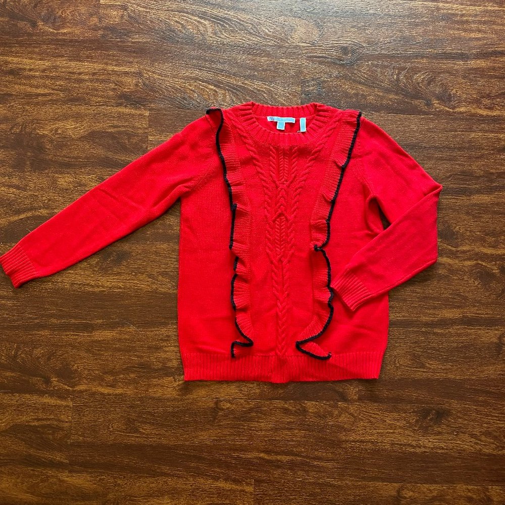 Draper James Ruffled red cable holiday sweater with black trim